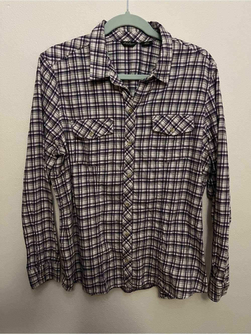 Women’s Eddie Bauer Purple and White Plaid Button-Down Shirt Size XL